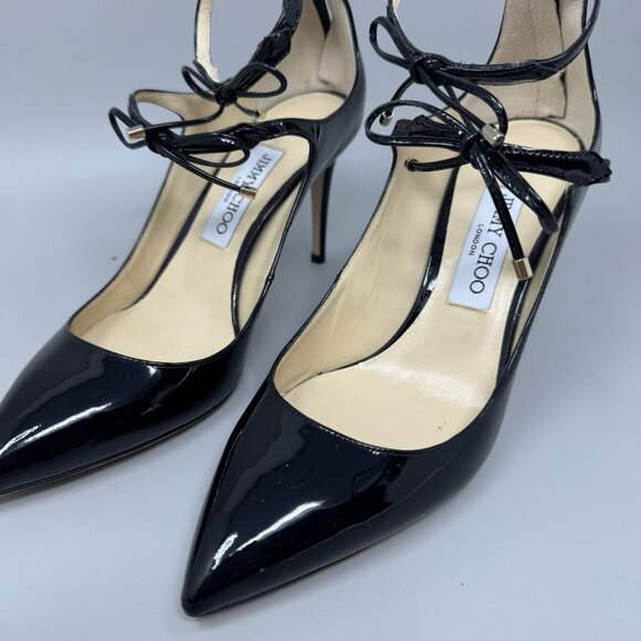 Jimmy Choo Vintage Black Sage 85 Bow Pump Pointed Toe Leather Sz EU 38 US 7 - Picture 5 of 11
